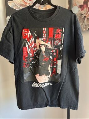 Bad Habit Black Graphic Tee with Red & White Anime City Art